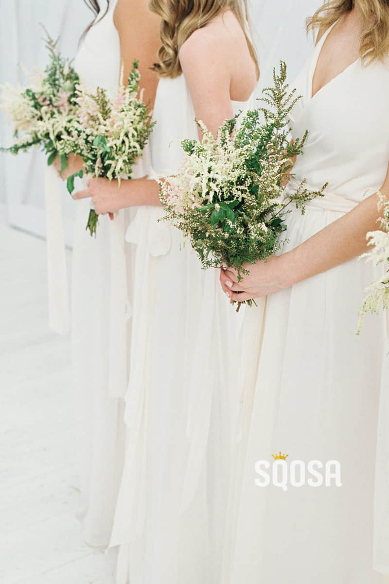 Spaghetti Straps V-neck White Chiffon Pleat A-Line Long Bridesmaid Dress QB0831|SQOSA