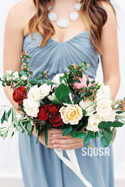 Sweetheart Sky Blue Chiffon Pleat A-Line Long Bridesmaid Dress QB0833|SQOSA