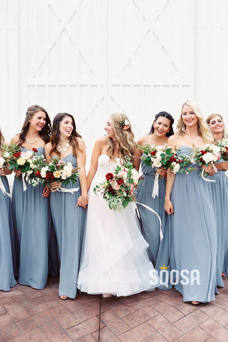 Sweetheart Sky Blue Chiffon Pleat A-Line Long Bridesmaid Dress QB0833|SQOSA