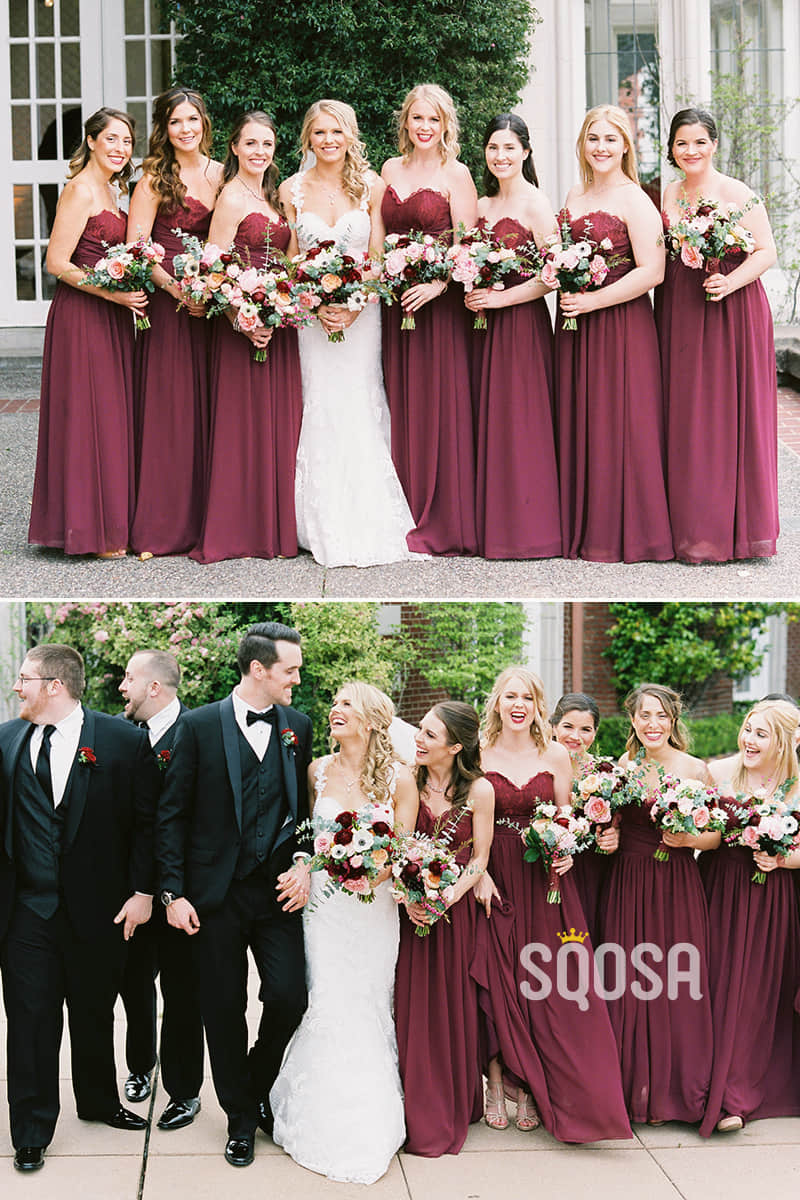 A-line Sweetheart Burgundy Chiffon Long Bridesmaid Dress Floor Length QB2092|SQOSA