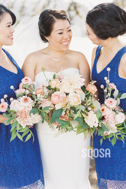 A-line Double Straps Royal Blue Lace Short Bridesmaid Dress QB2095|SQOSA
