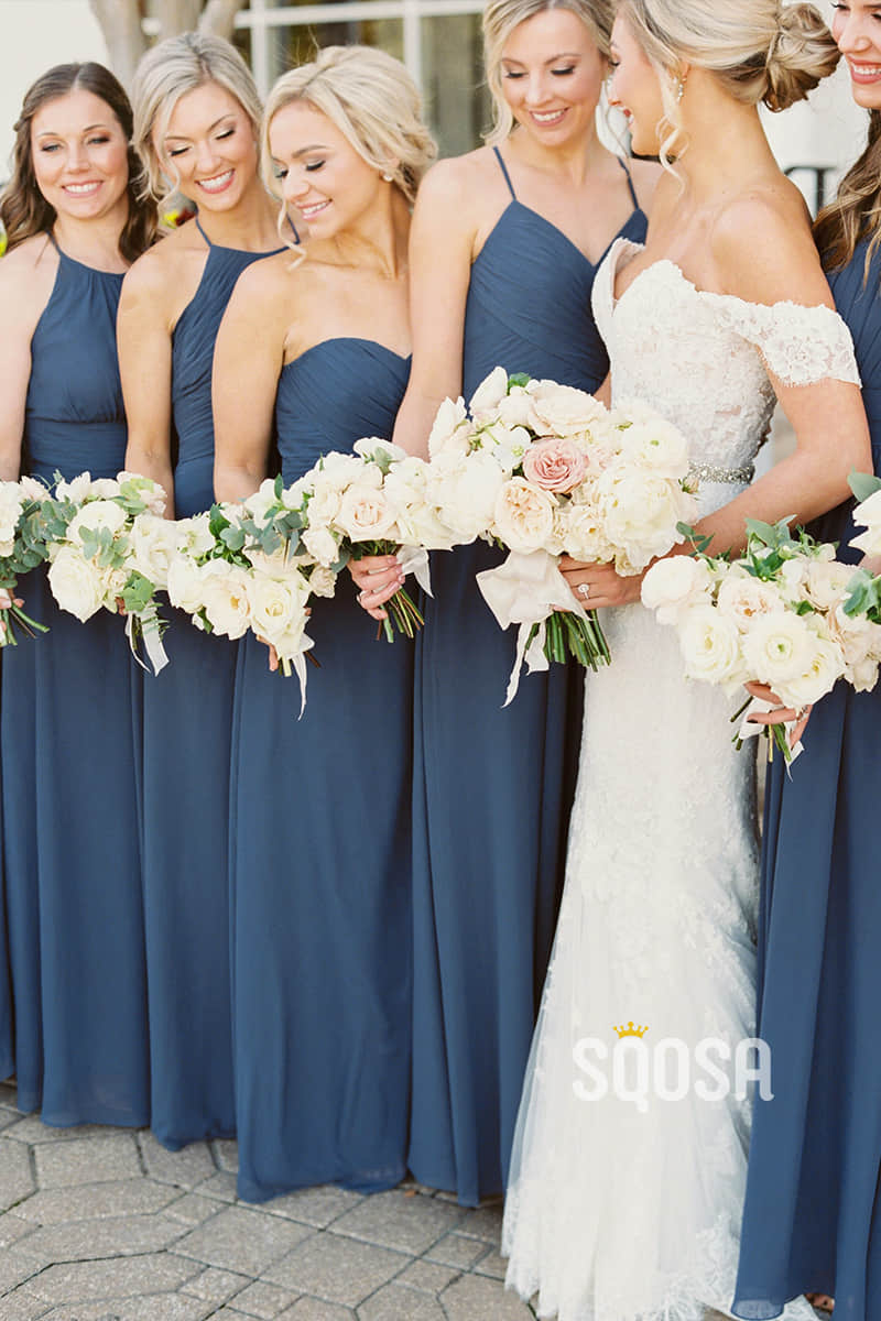 A-line Navy Blue Chiffon Pleats Long Bridesmaid Dress Floor Length QB2080|SQOSA