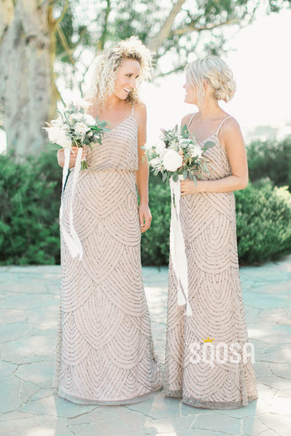 A-line Spaghetti Straps Floor Length Long Bridesmaid Dress Glitter QB2081|SQOSA