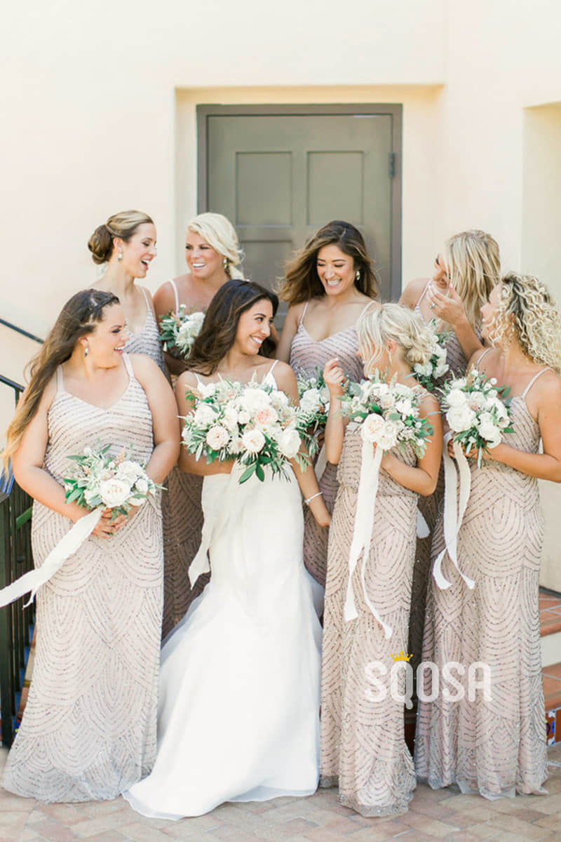 A-line Spaghetti Straps Floor Length Long Bridesmaid Dress Glitter QB2081|SQOSA