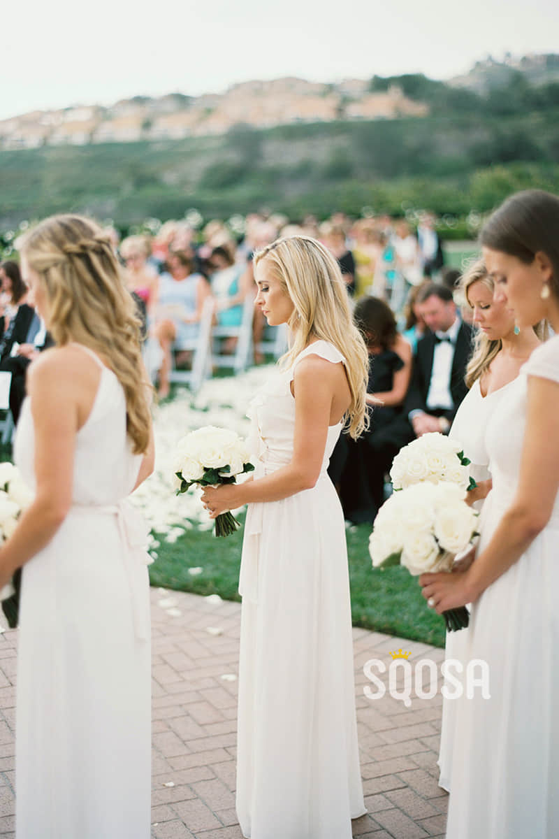 A-line White Chiffon V-neck Long Bridesmaid Dress Floor Length QB2084|SQOSA