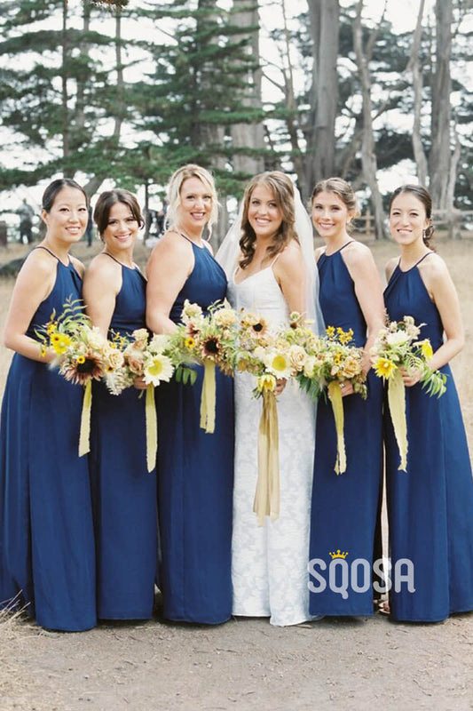 A-line Unique Halter Royal Blue Chiffon Long Bridesmaid Dress Floor Length QB2085|SQOSA