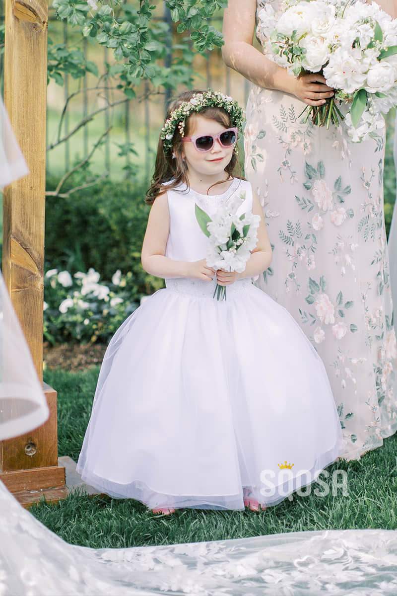 Round Neckline White Tulle A-Line Simple Flower Girl Dress QF0818|SQOSA