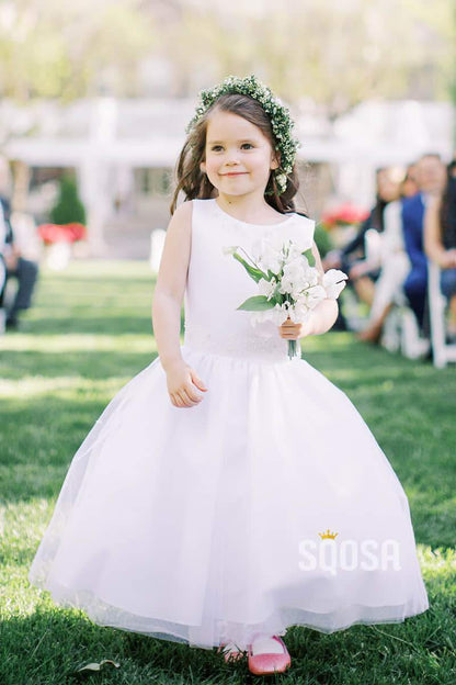 Round Neckline White Tulle A-Line Simple Flower Girl Dress QF0818|SQOSA