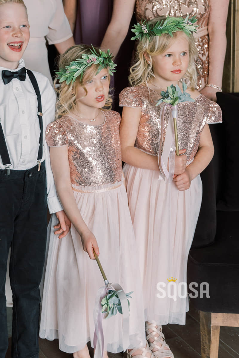 Scoop Gold Sequins Top Short Sleeves A-Line Chiffon Flower Girls Dress QF0819|SQOSA