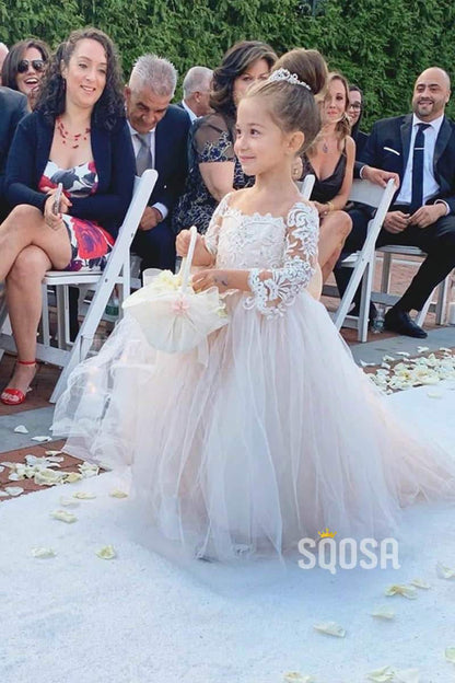 Stunning Tulle Appliques 3/4 Sleeves A-line Flower Girl Dress QF0820|SQOSA