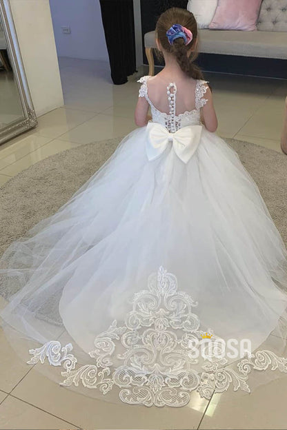 Sweet Tulle Appliques Ball Gown Cute Flower Girl Dress Bow Back QF0822