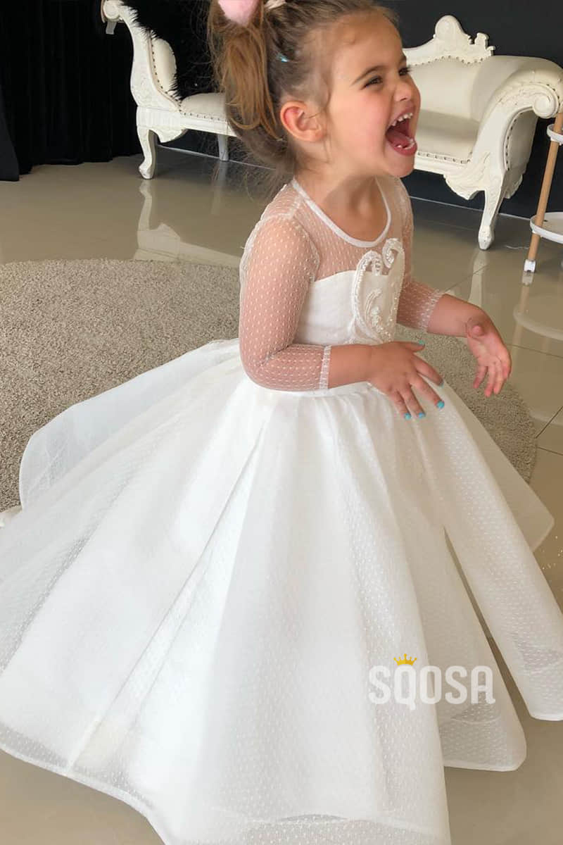 Ball Gown Illusion Long Sleeves Appliques Cute Flower Girl Dress QF0823