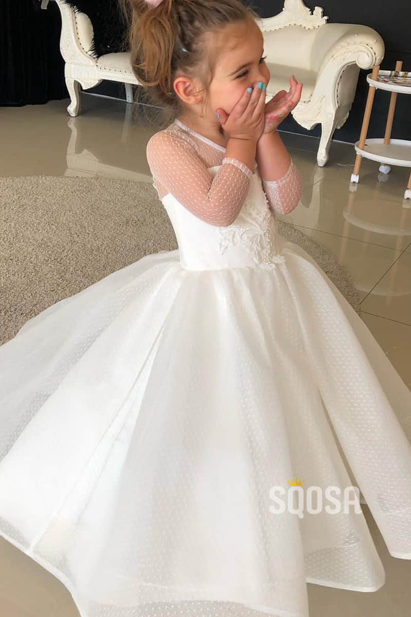 Ball Gown Illusion Long Sleeves Appliques Cute Flower Girl Dress QF0823