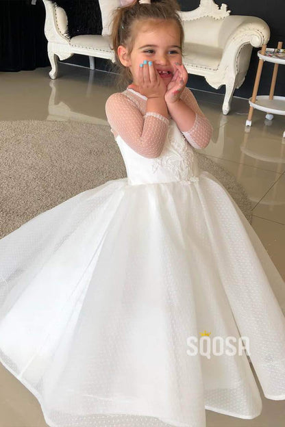 Ball Gown Illusion Long Sleeves Appliques Cute Flower Girl Dress QF0823|SQOSA