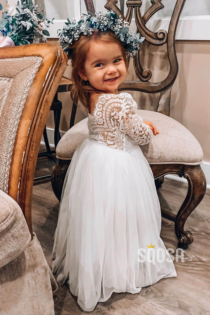 Illusion Lace Long Sleeve A-Line Cute Flower Girl Dress QF0824