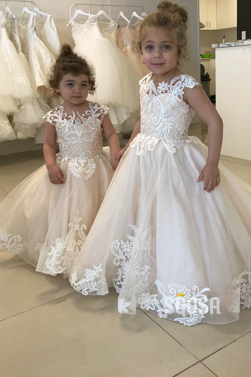 Cap Sleeves Lace Appliques Ball Gown Cute Flower Girl Dress QF0825