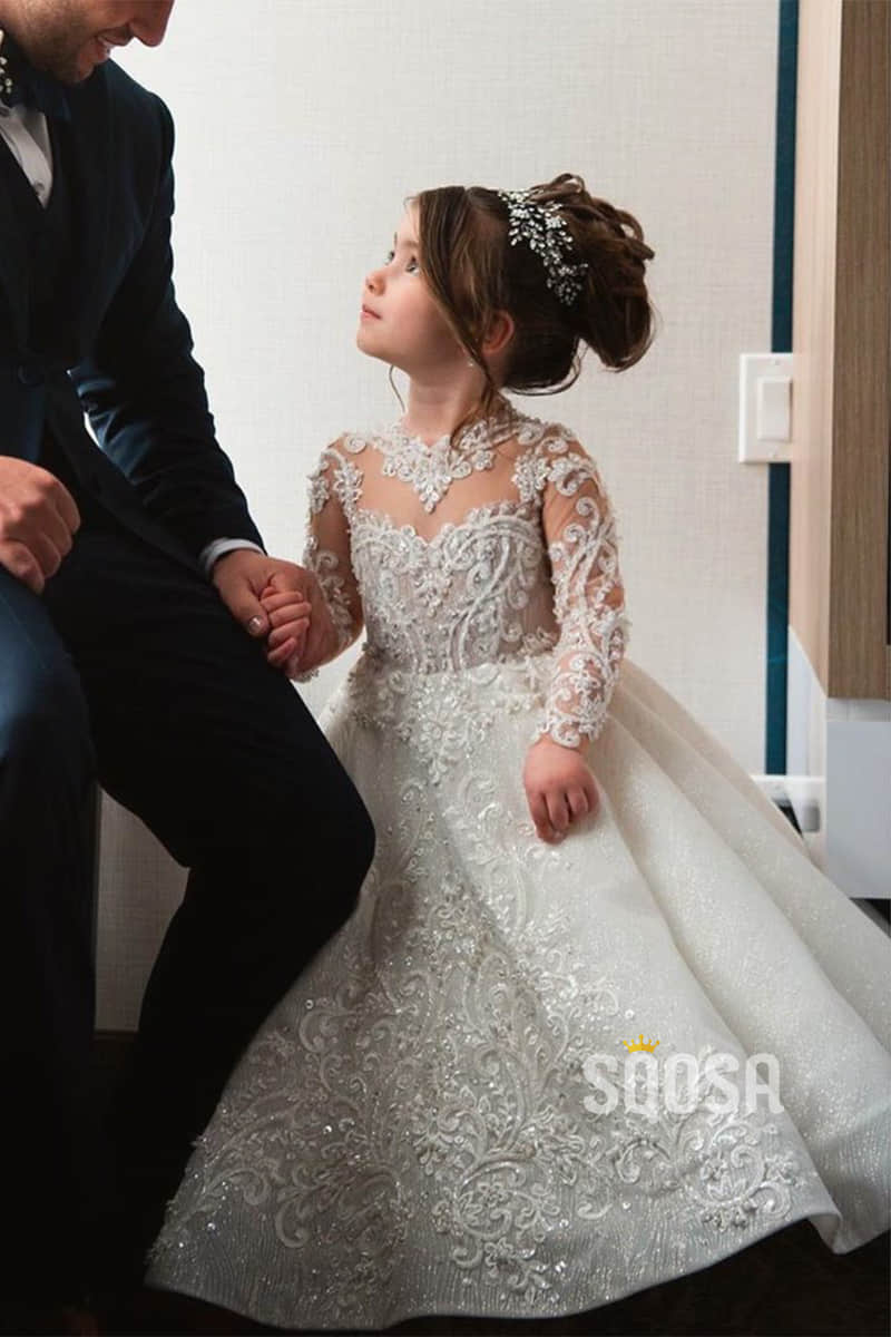 Jewle Neckline Illusion Long Sleeves Appliques with Beadings Ball Gown Flower Girl Dress QF0827|SQOSA