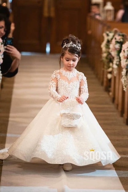 Jewle Neckline Illusion Long Sleeves Appliques with Beadings Ball Gown Flower Girl Dress QF0827