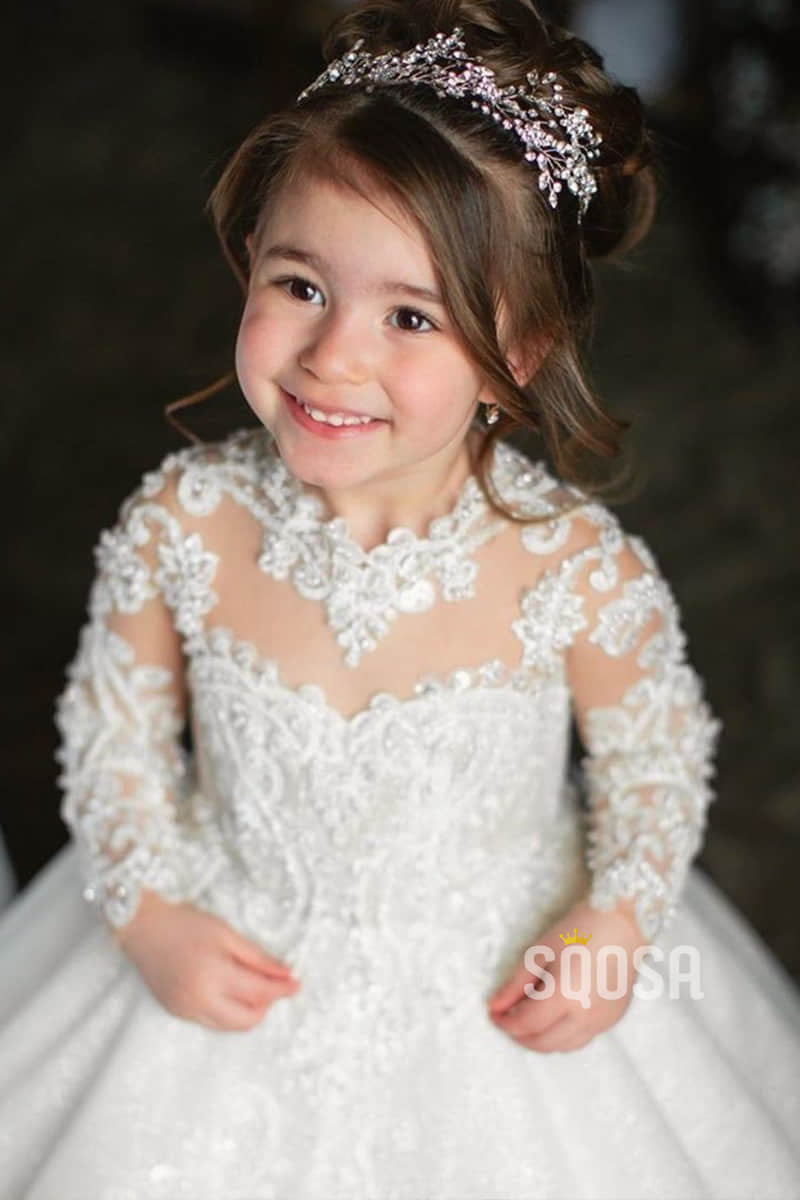 Jewle Neckline Illusion Long Sleeves Appliques with Beadings Ball Gown Flower Girl Dress QF0827