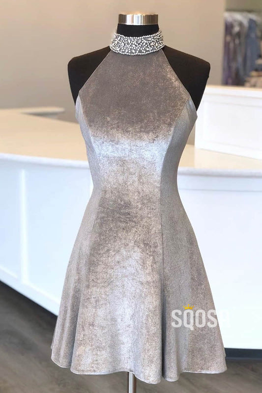 High Neck Beaded Grey Velvet A-Line Short Homecoming Dress QH0866|SQOSA