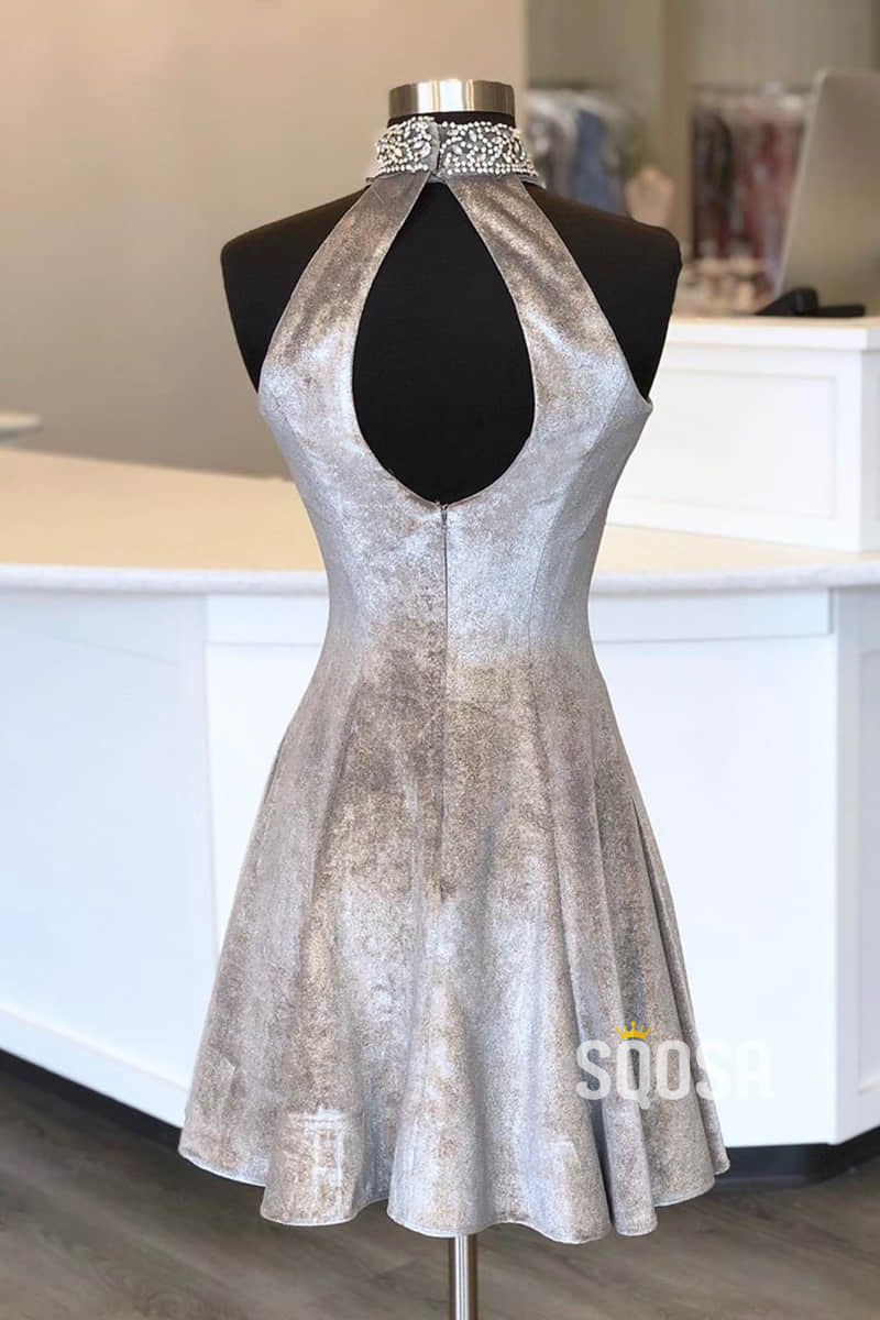 High Neck Beaded Grey Velvet A-Line Short Homecoming Dress QH0866|SQOSA