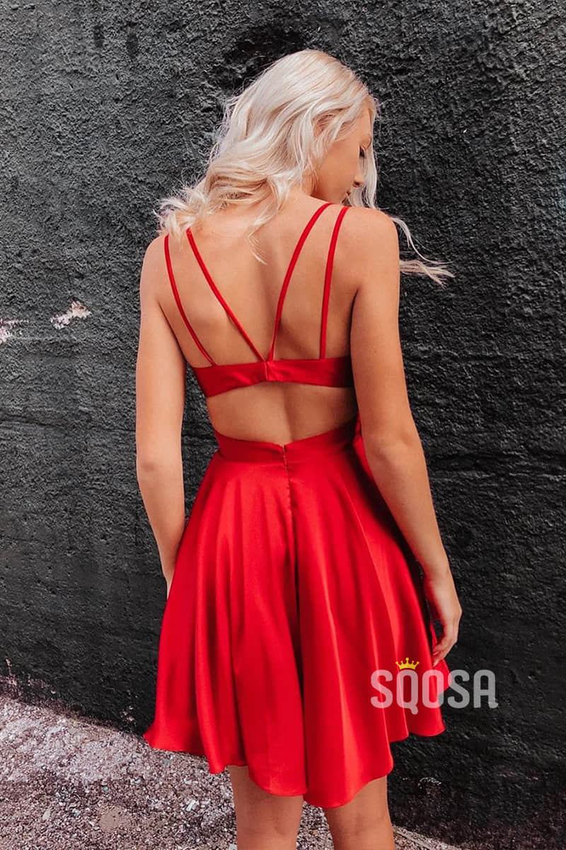 Red Chiffon Deep V-neck Short Homecoming Dress with Pockets Simple Prom Dress QH0869