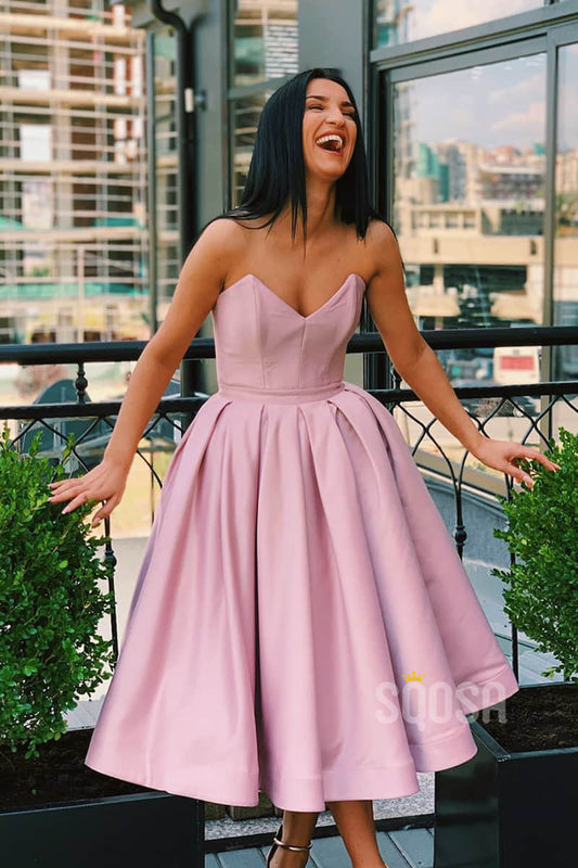 Pink Satin V-neck A-line Tea Length Homeocming Dress Short Prom Dress QH0871