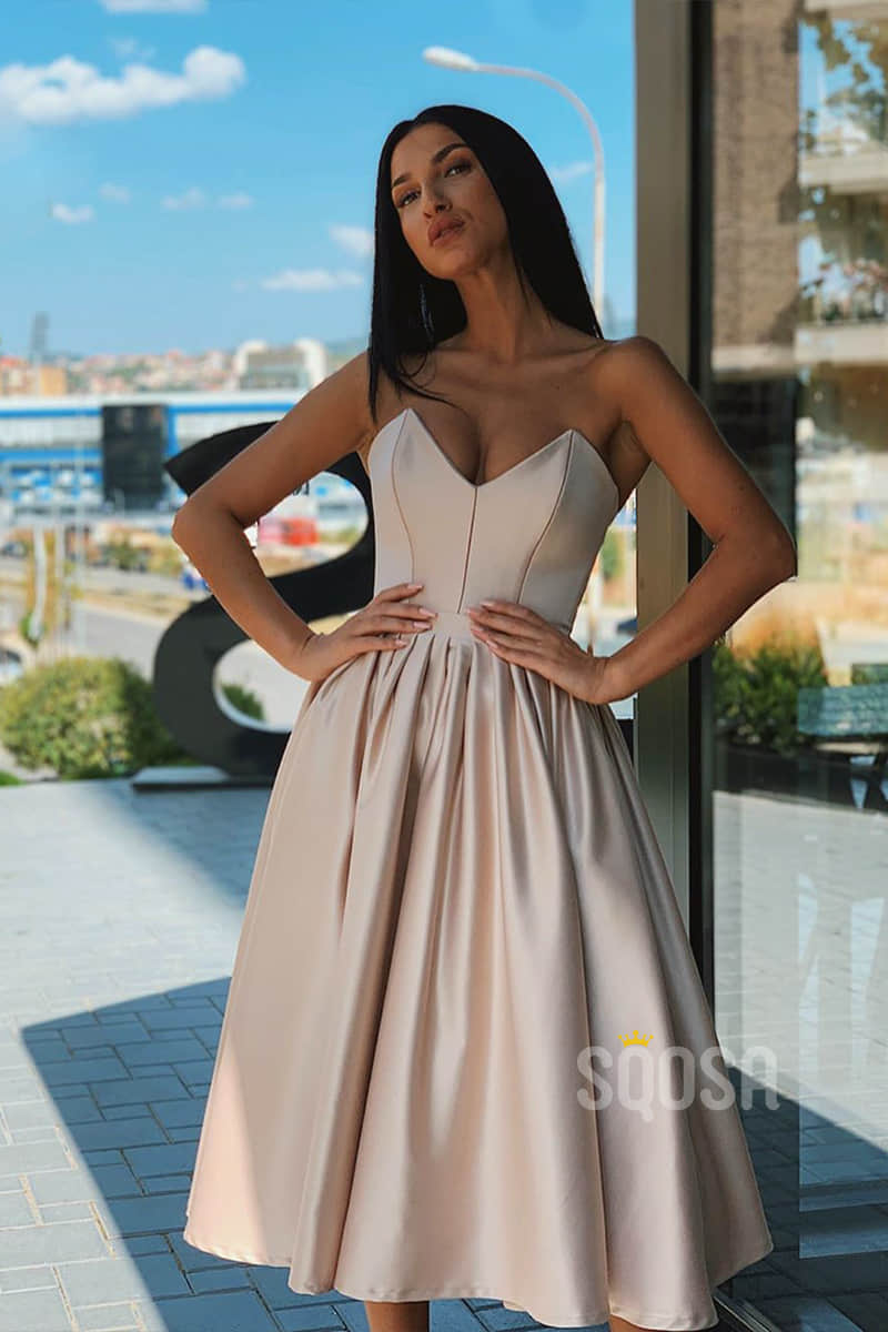 Pink Satin V-neck A-line Tea Length Homeocming Dress Short Prom Dress QH0871