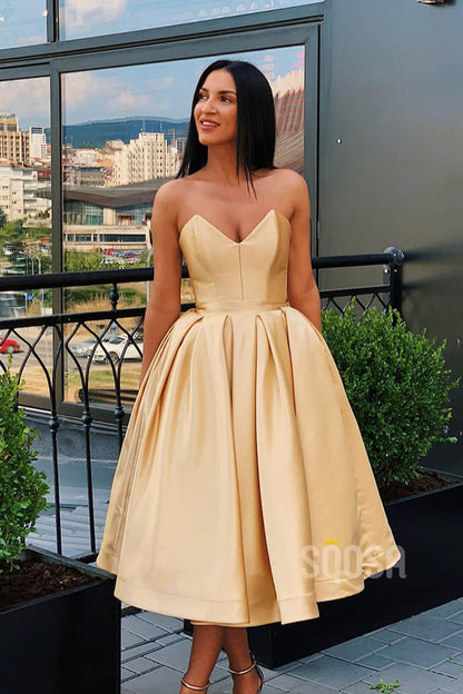 Champagne Satin Strapless Homecoming Dress with Pockets Tea Length Short Prom Dress QH0877