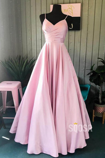 A-Line Spaghetti Straps V Neck Pink Satin Long Prom Dress QP0841|SQOSA