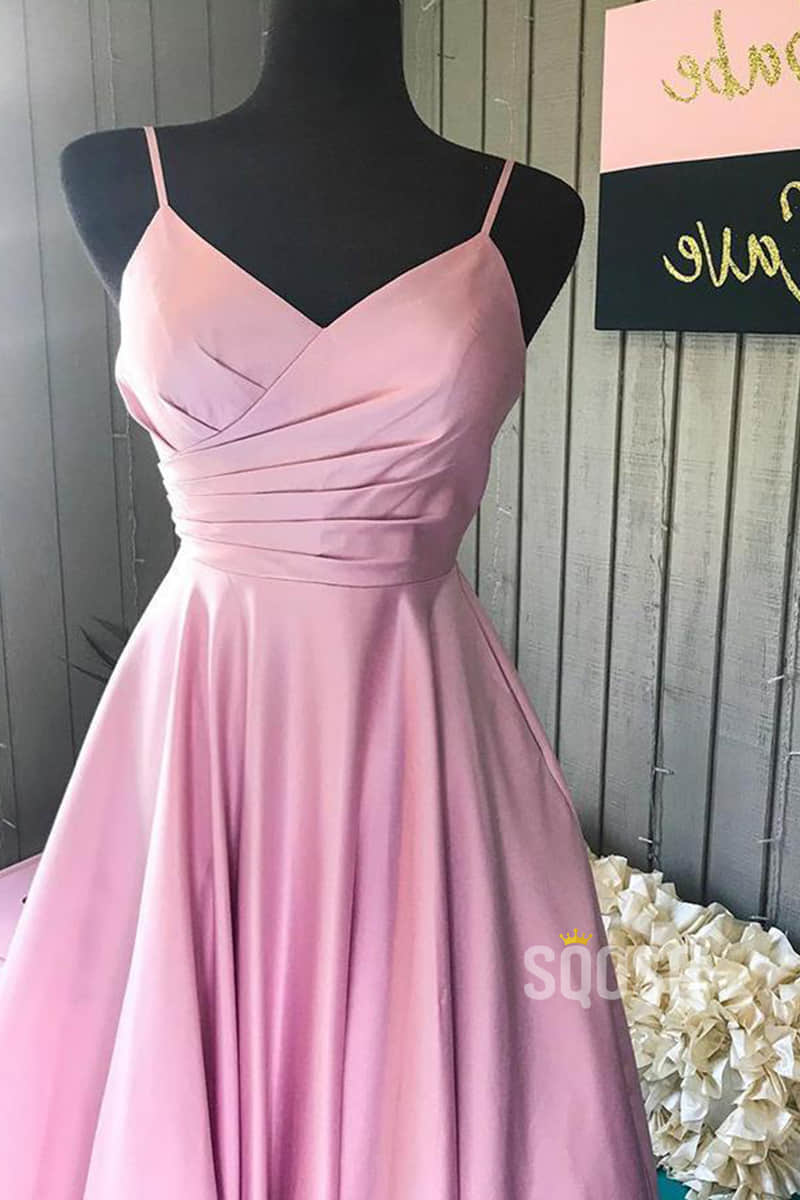 A-Line Spaghetti Straps V Neck Pink Satin Long Prom Dress QP0841|SQOSA