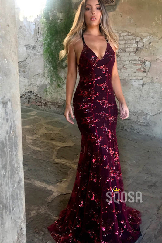 Mermaid Burgundy Sequined V Neck Sexy Prom Dress Party Gown QP0847|SQOSA