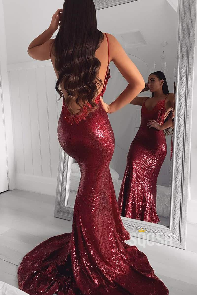 Mermaid Burgundy Sequined Spaghetti Straps Appliques Sexy Prom Dress Backless QP0867|SQOSA