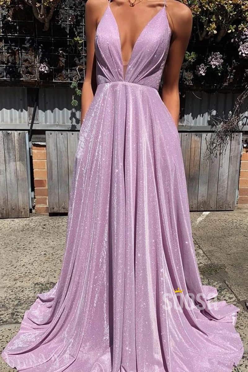 A-Line Deep V Neck Lavender Sparkly Prom Dress with Pockets QP0882|SQOSA