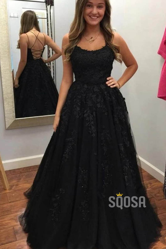 Red Tulle Appliques Spaghetti Straps A-Line Long Prom Dress Lace-Up QP0887|SQOSA