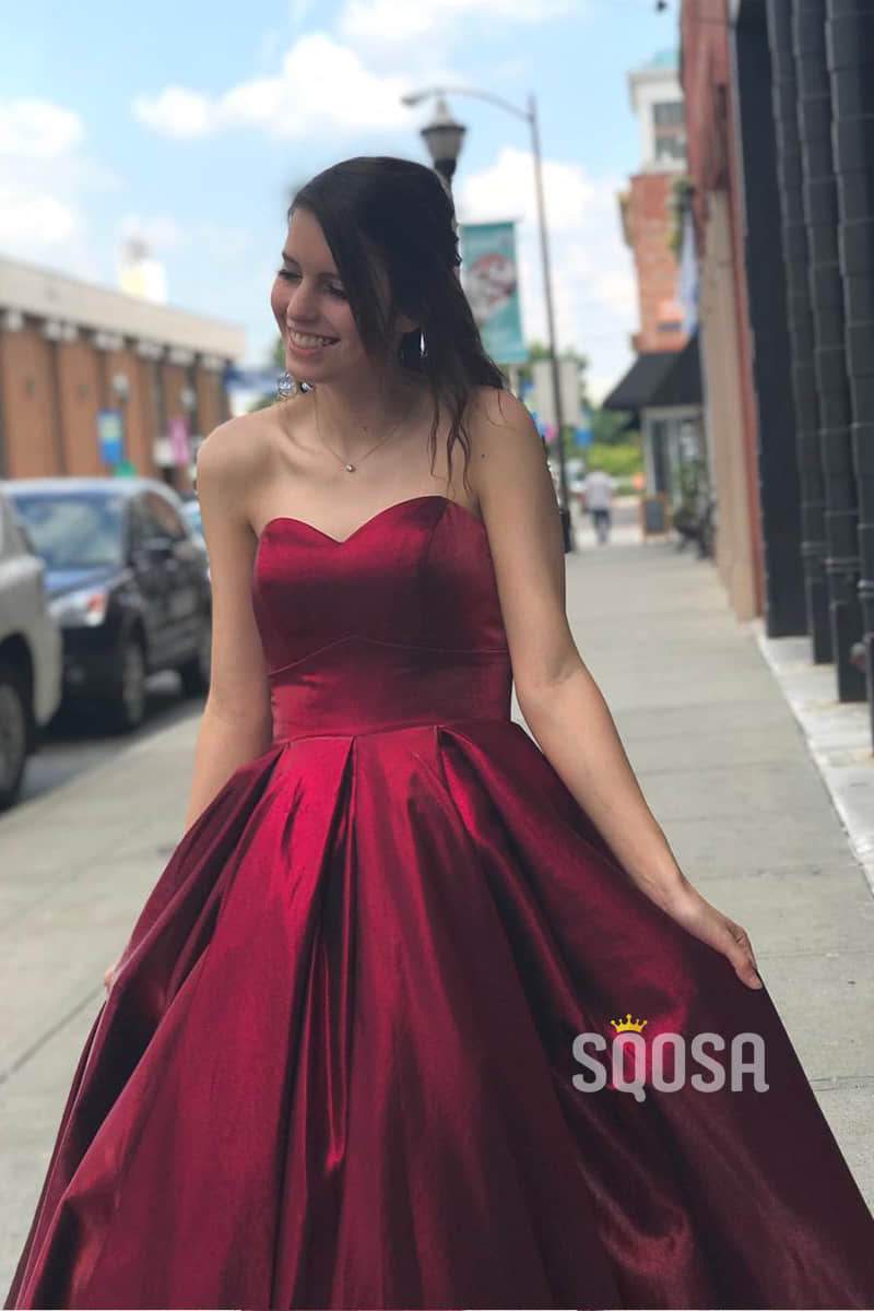 Sweetheart Burgundy Satin A-Line Simple Prom Dress with Pockets QP1042|SQOSA