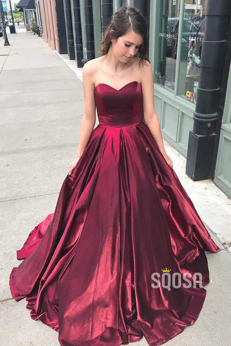 Sweetheart Burgundy Satin A-Line Simple Prom Dress with Pockets QP1042|SQOSA