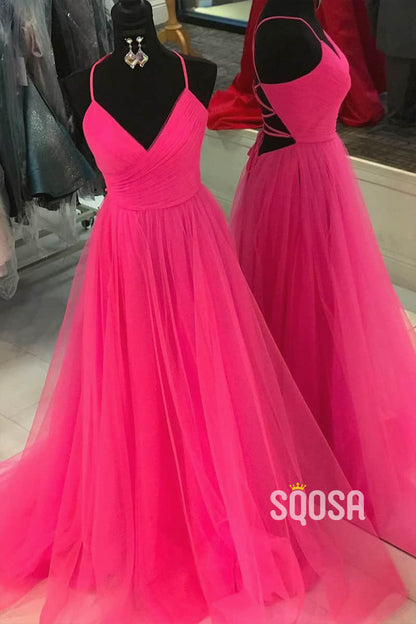 Hot Pink Tulle V-neck Pleat A-line Simple Prom Dress Long Homecoming Dress QP1043