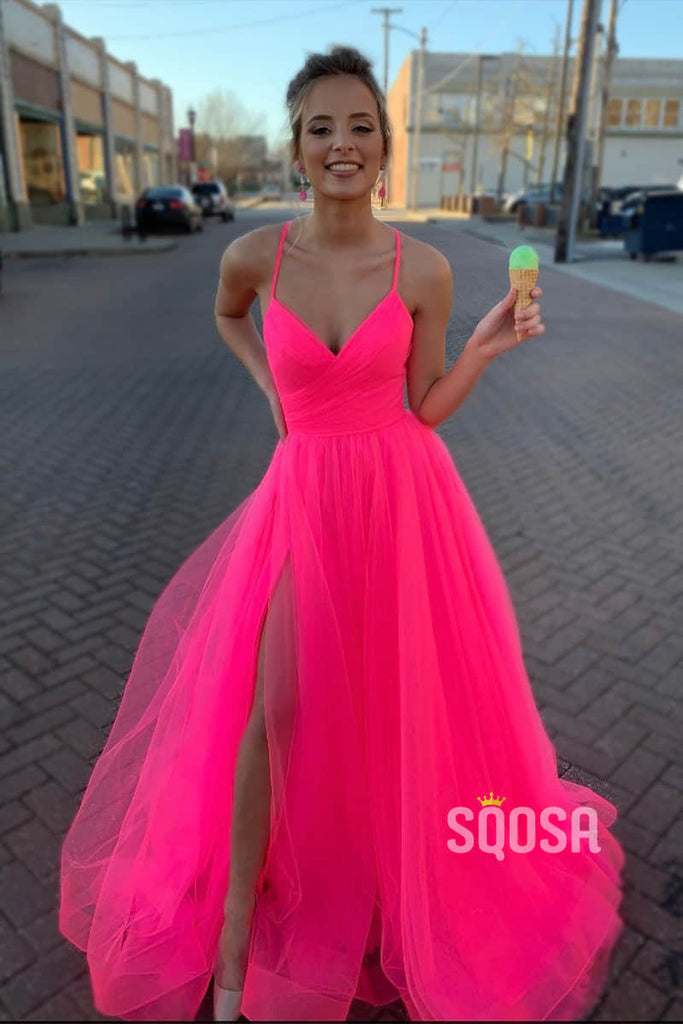 Hot Pink Tulle V-neck Pleat A-line Simple Prom Dress Long Homecoming Dress QP1043|SQOSA