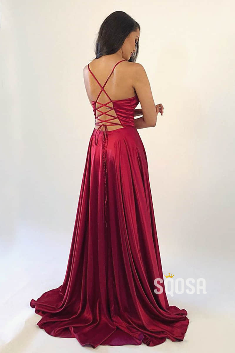 Criss-Cross Straps Satin A-Line Simple Prom Dress with Slit Formal Eve ...
