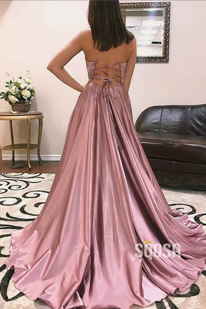Criss-Cross Straps Satin A-Line Simple Prom Dress with Slit Formal Evening Gowns QP0933|SQOSA