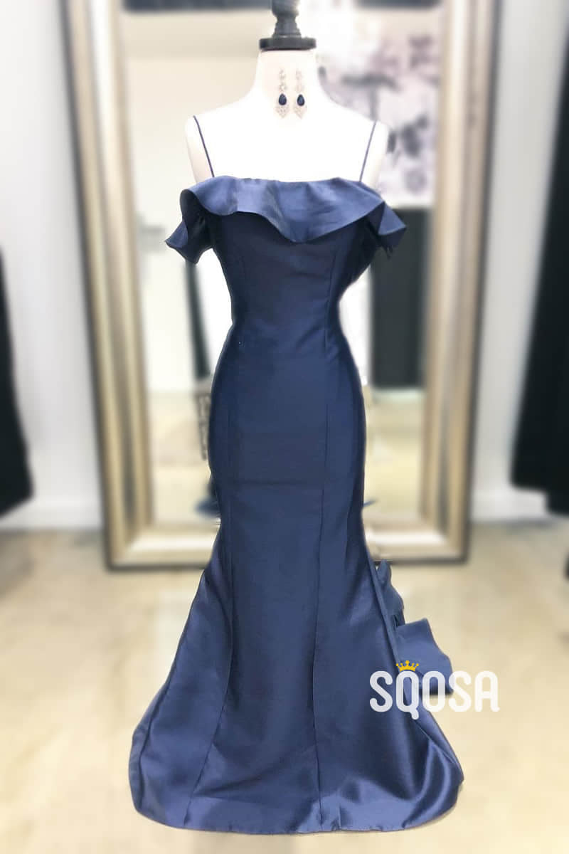 Navy Blue Satin Spaghetti Straps Ruffles Mermaid Prom Dress with Sweep Train QP0952|SQOSA