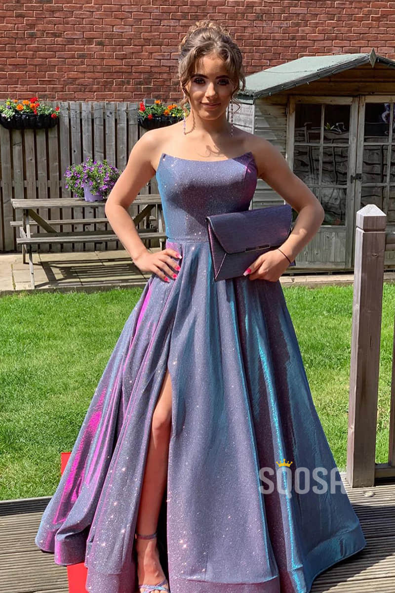 Strapless Purple Satin A-Line Long Sparkle Prom Dress with Slit QP0980|SQOSA