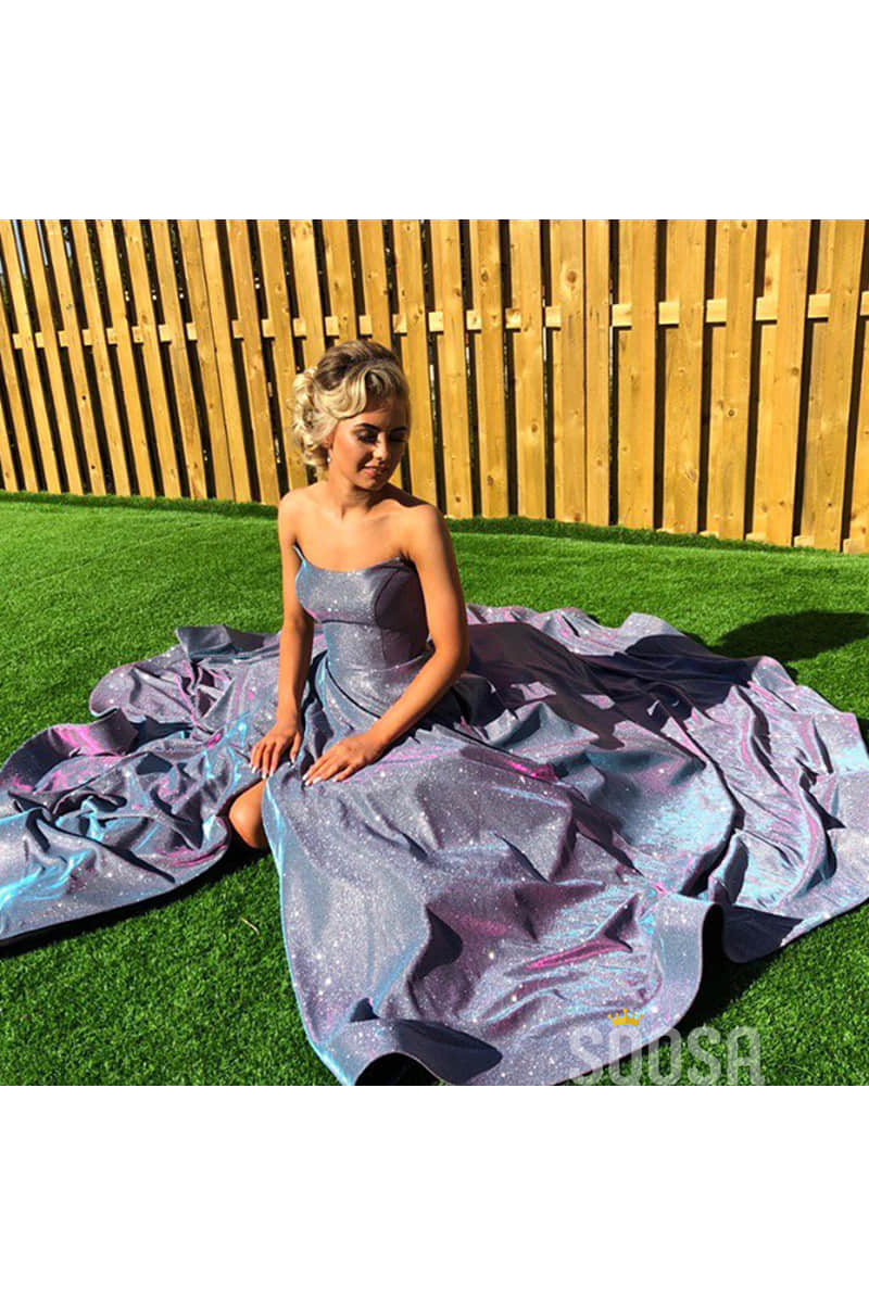 Strapless Purple Satin A-Line Long Sparkle Prom Dress with Slit QP0980