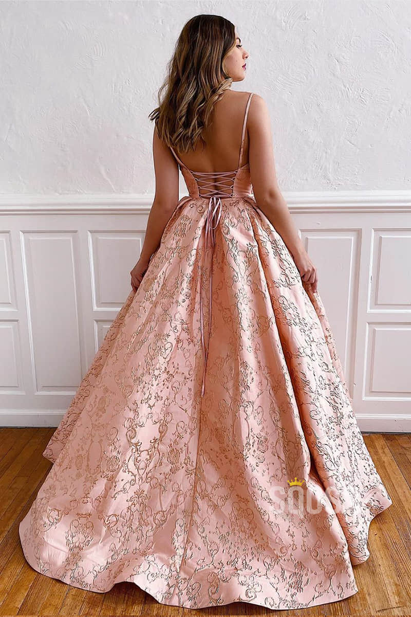Exquisite Lace V-neck Spaghetti Straps A-line Long Prom Dress QP0982|SQOSA