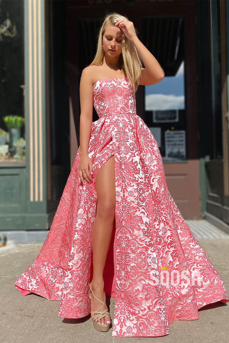 Strapless Exquisite Lace A-Line High Split Long Prom Dress with Pockets QP0983|SQOSA