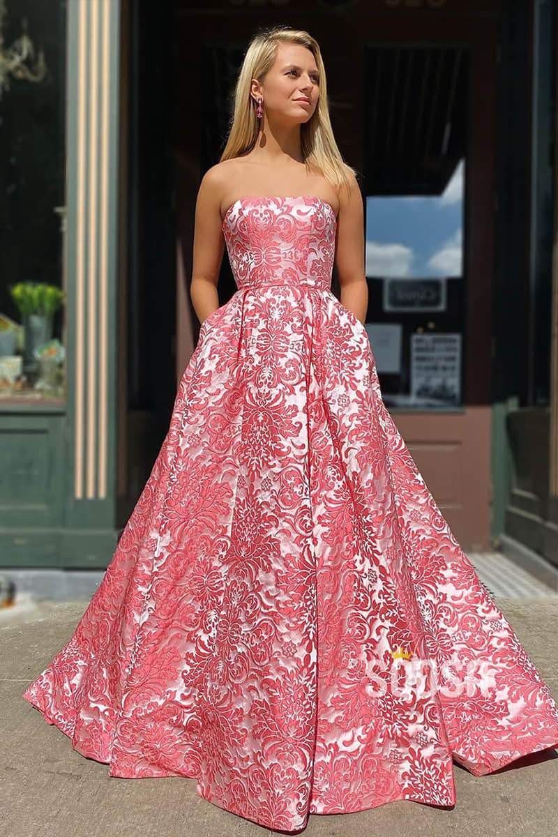 Strapless Exquisite Lace A-Line High Split Long Prom Dress with Pockets QP0983|SQOSA