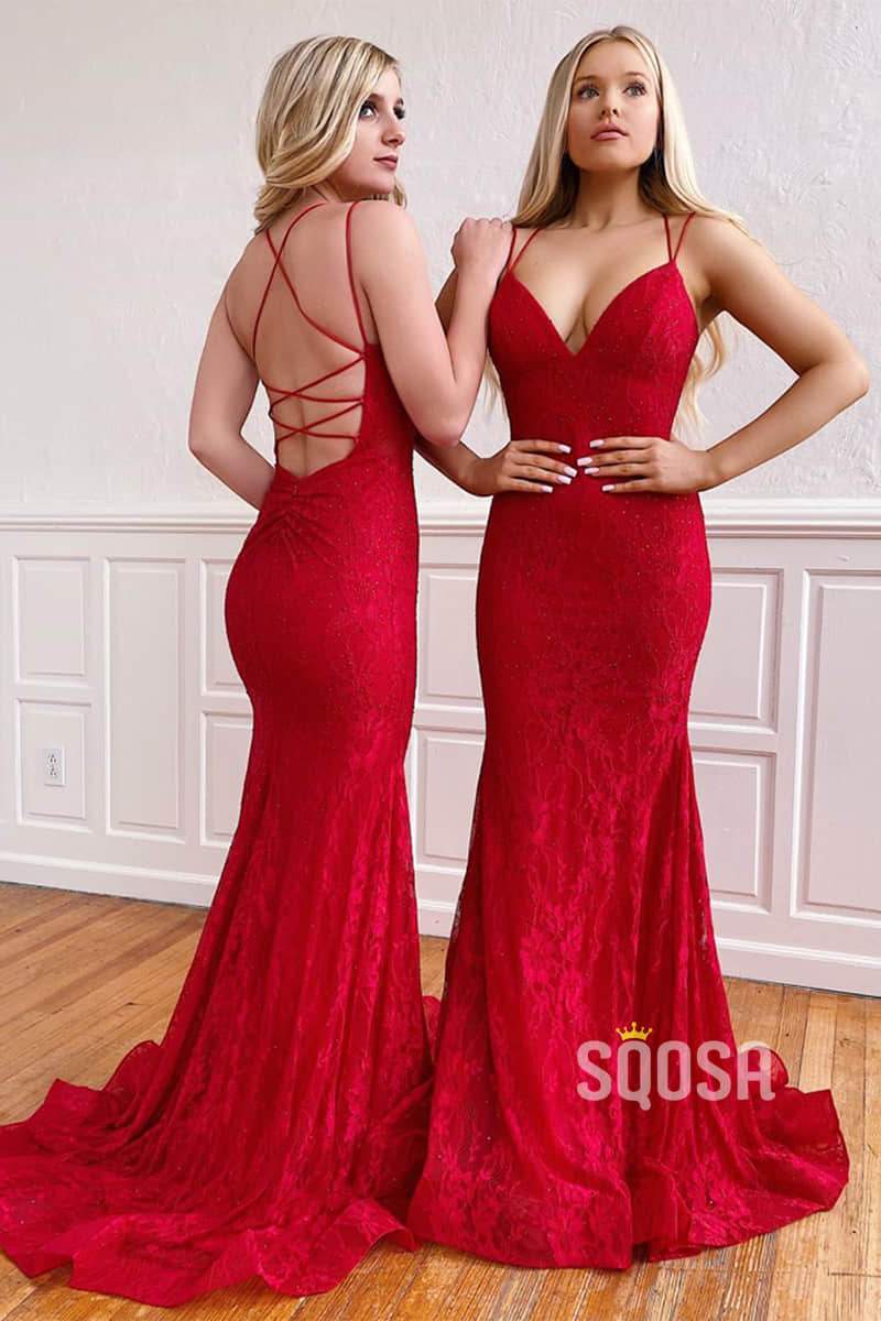 Mermaid Criss Cross Straps Red Lace Long Prom Dress Formal Evening Gowns QP0984|SQOSA