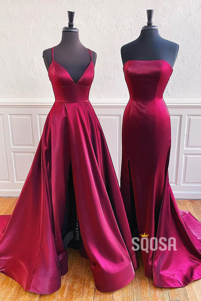 V-neck Spaghetti Straps Satin Simple Prom Dress Long Formal Evening Dress QP0988|SQOSA