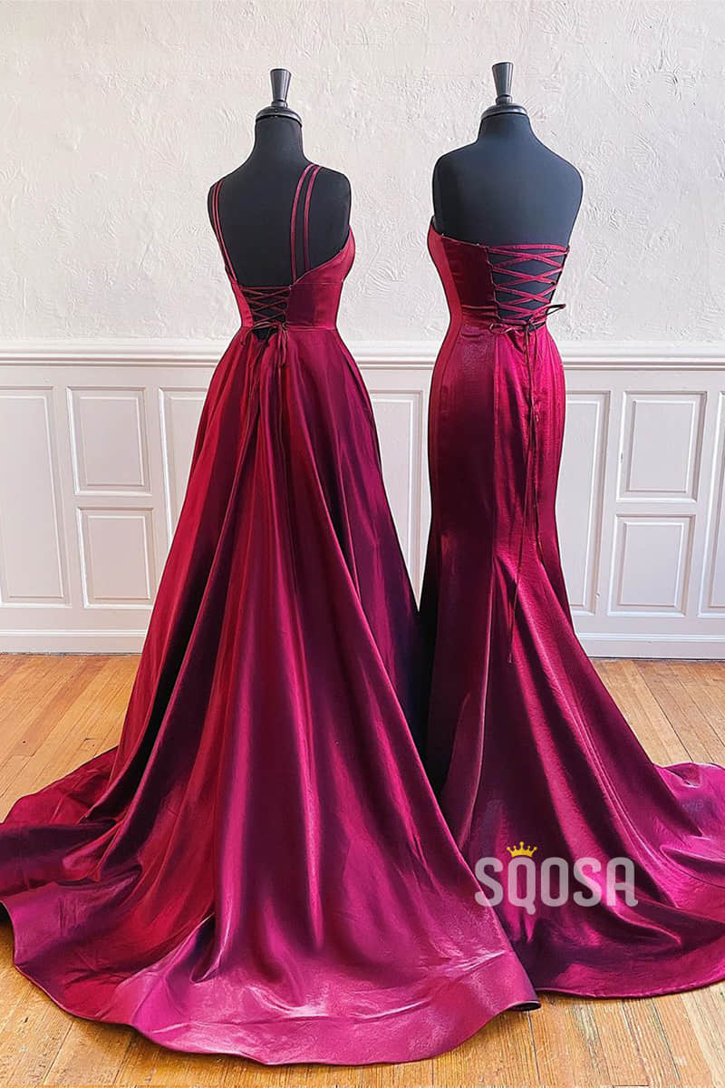 V-neck Spaghetti Straps Satin Simple Prom Dress Long Formal Evening Dress QP0988